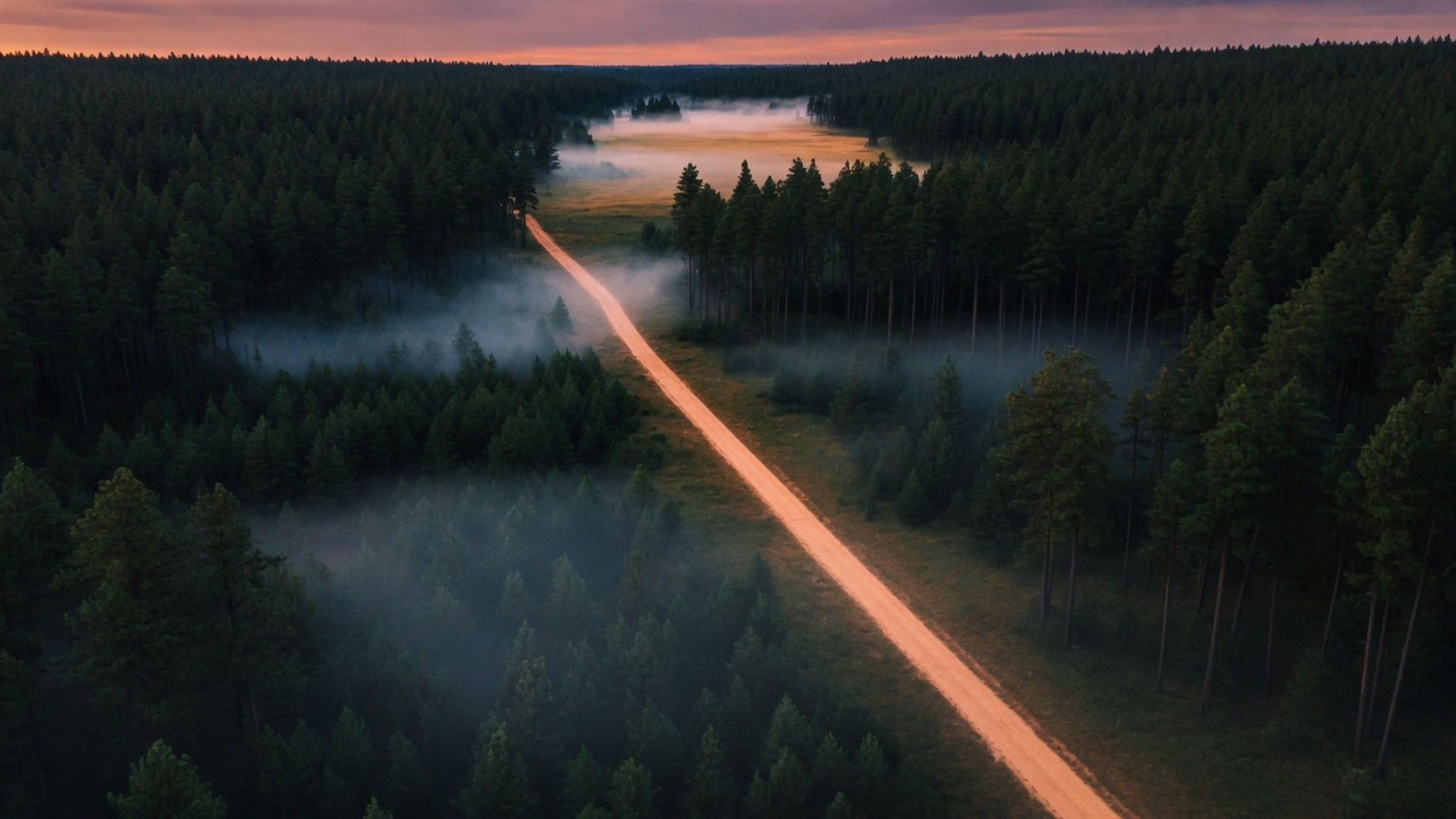 Aerial dusk view of a single dirt road cutting through misted pine forest toward a clearing.