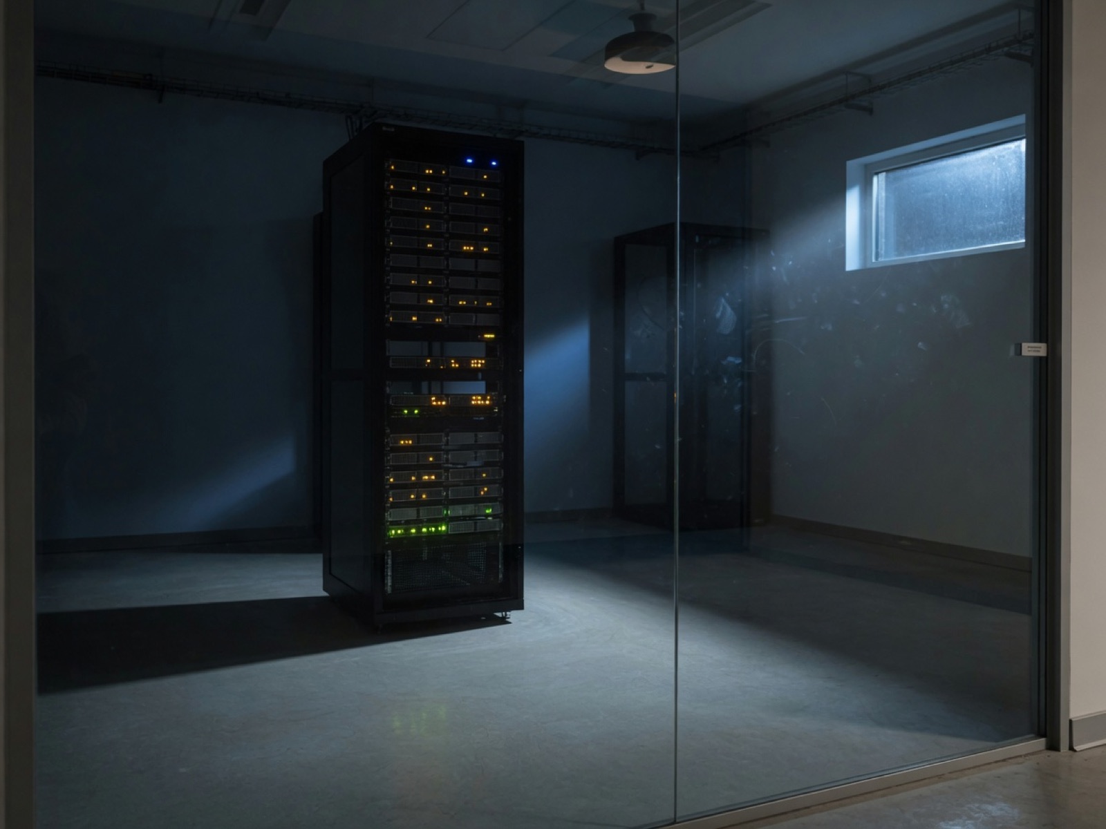 A quiet server rack behind glass, lit by a high window and sparse status lights.
