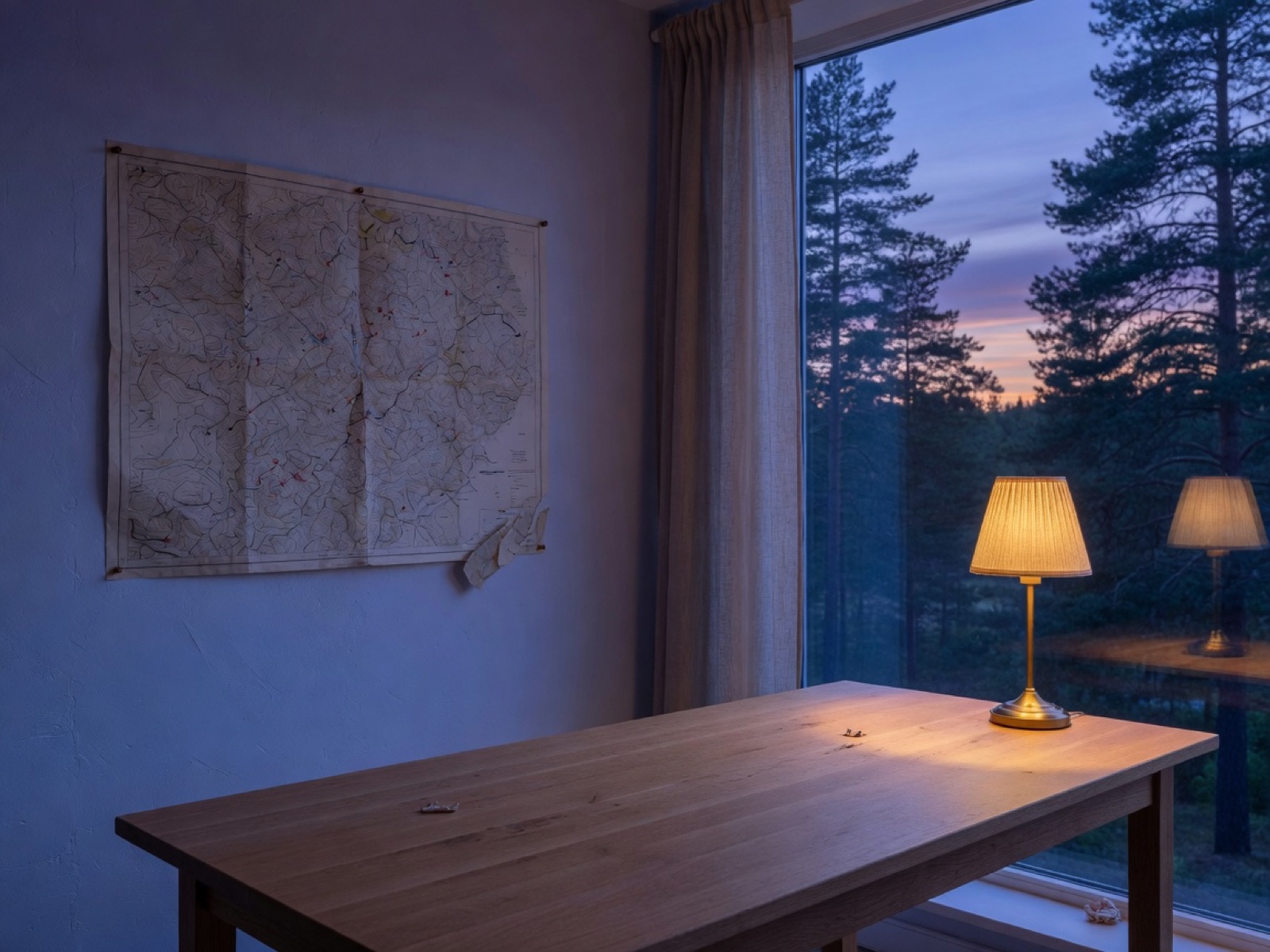 A quiet studio at blue hour: oak table, topographic map on the wall, pine forest outside the window.